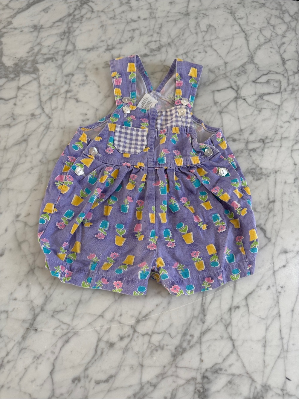 VTG Bubble Romper Sz 12 Mo Toddler Purple Floral Pot Print Patchwork